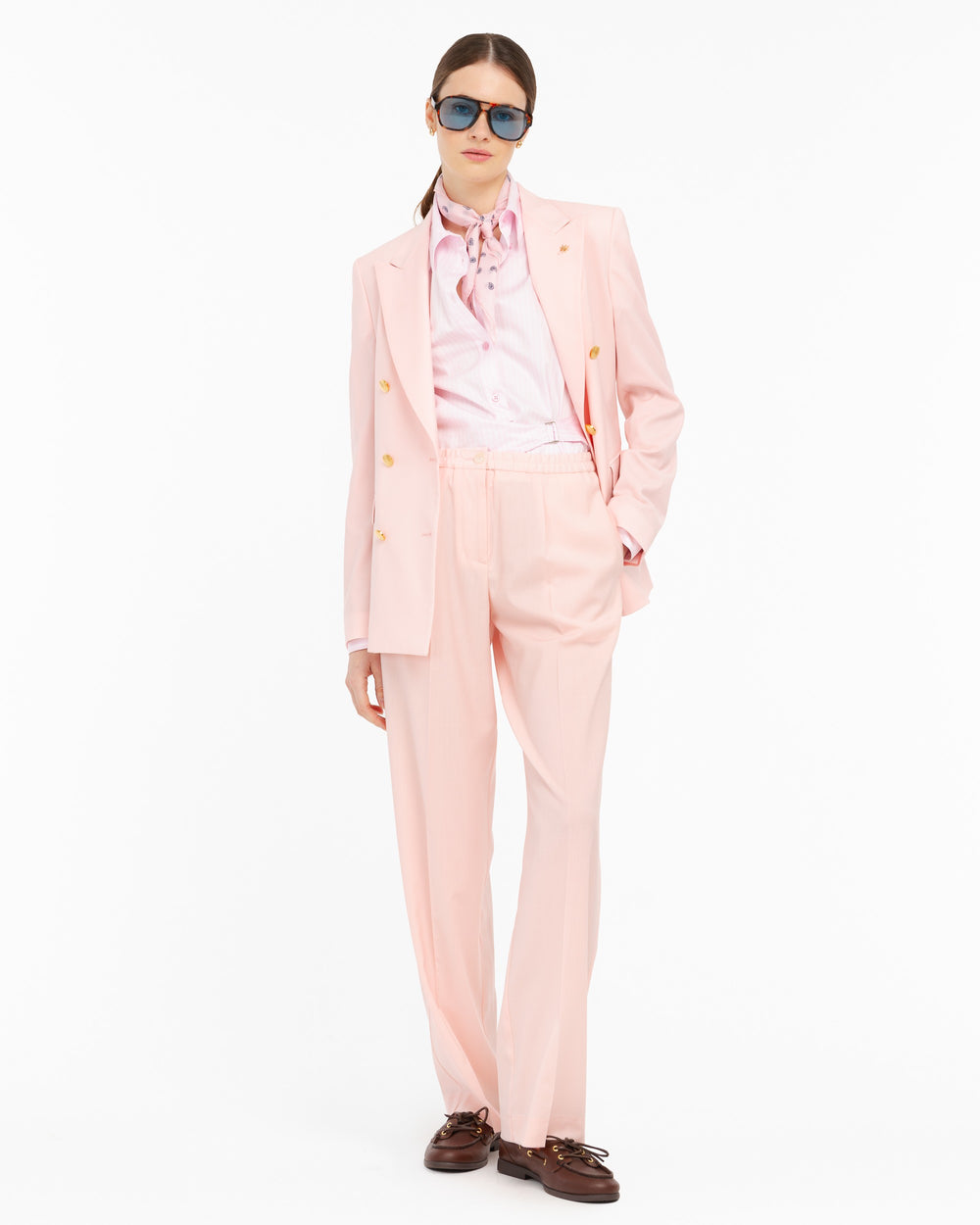 pink cool stretch wool pleated trousers
