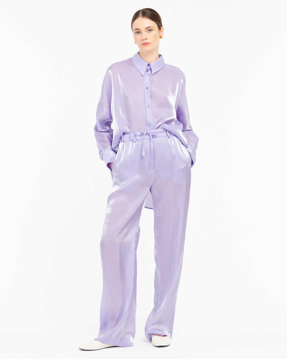 violet fluid lurex trousers