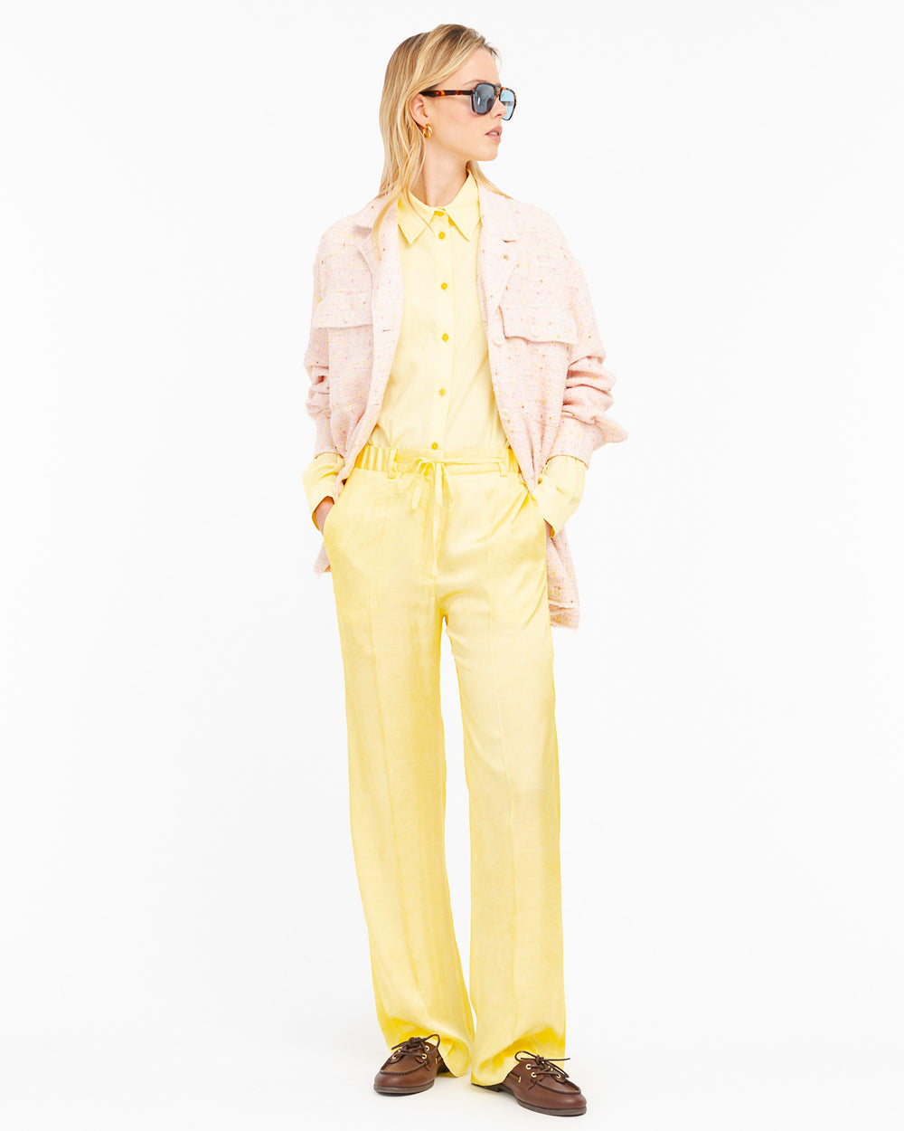 yellow viscose tie dye flared trousers