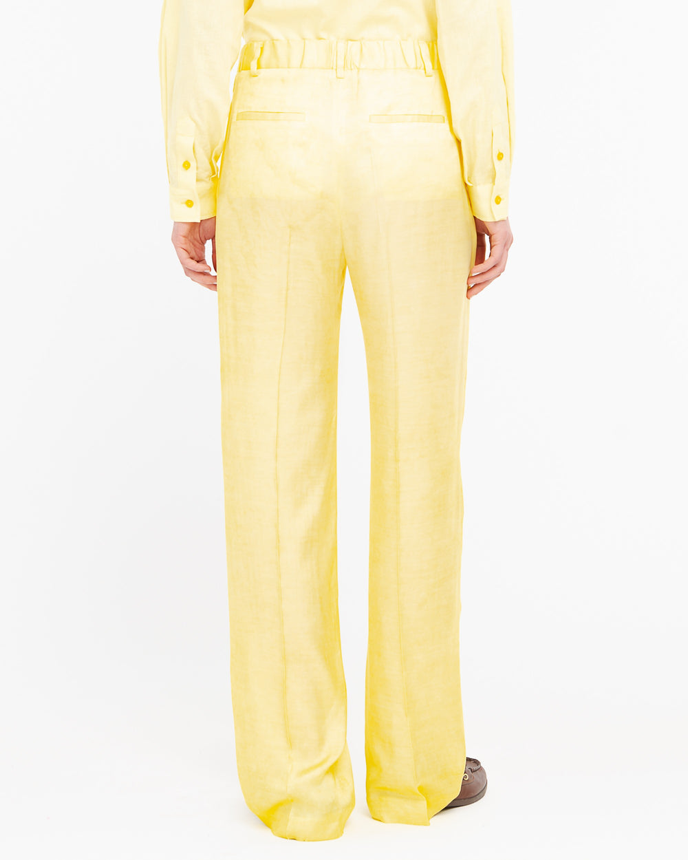 yellow viscose tie dye flared trousers
