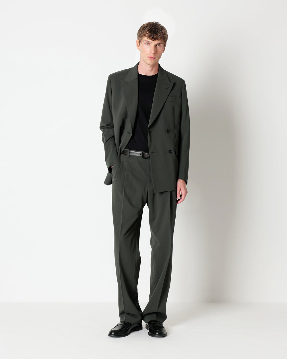 green relaxed fit double breasted stretch wool blend twill suit