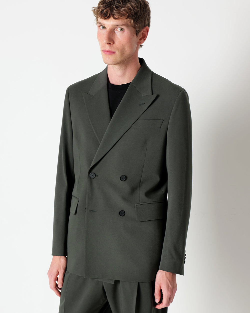 green relaxed fit double breasted stretch wool blend twill suit