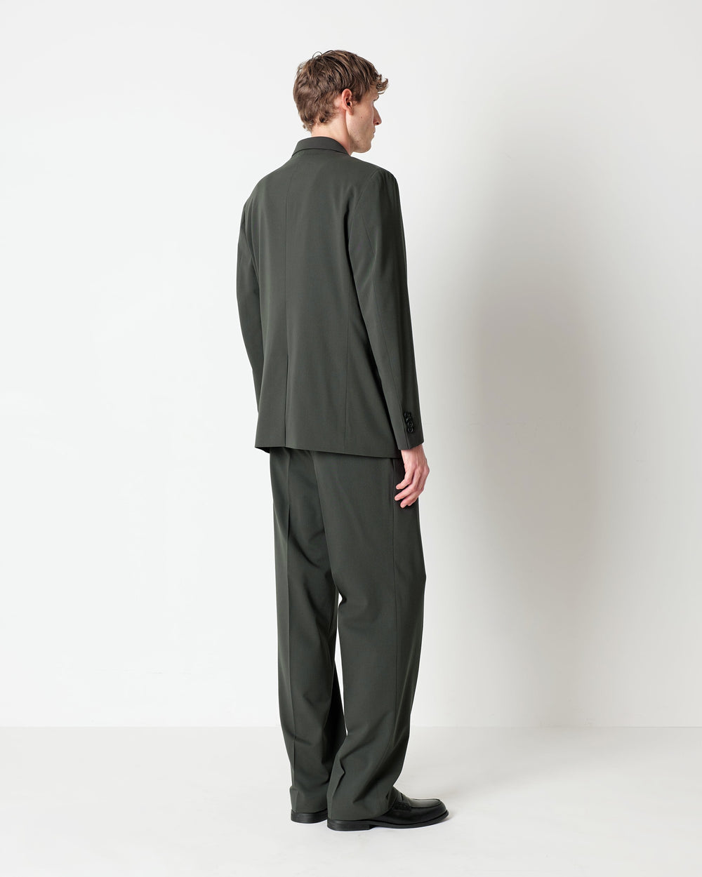 green relaxed fit double breasted stretch wool blend twill suit
