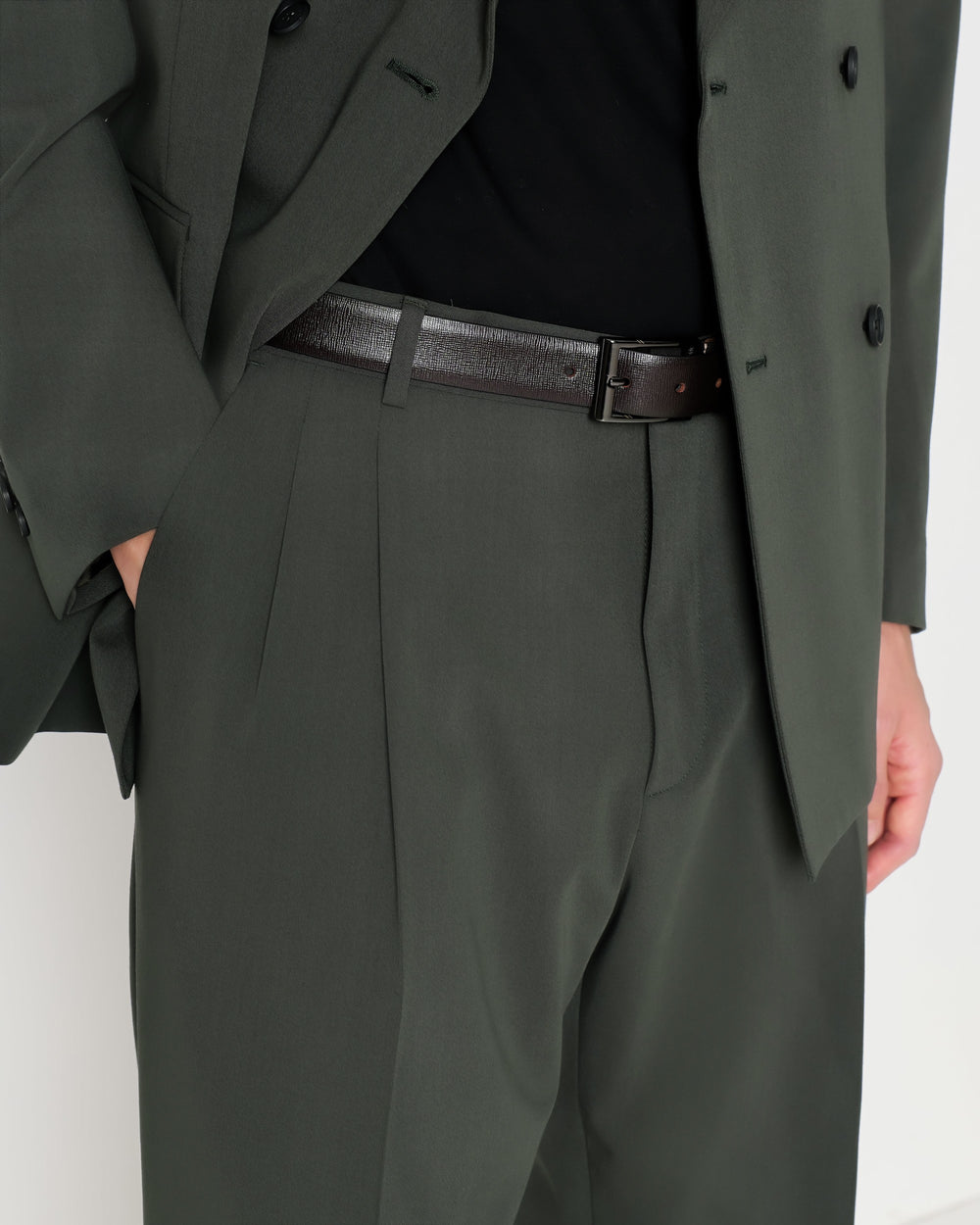 green relaxed fit double breasted stretch wool blend twill suit