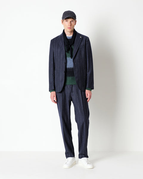 blue slim fit pinstriped flannel suit in pure stretch wool