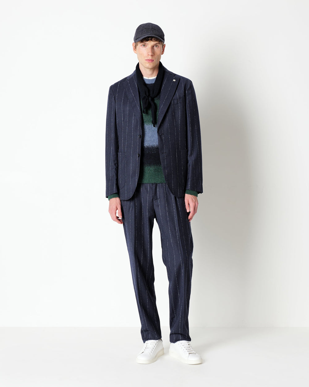 blue slim fit pinstriped flannel suit in pure stretch wool