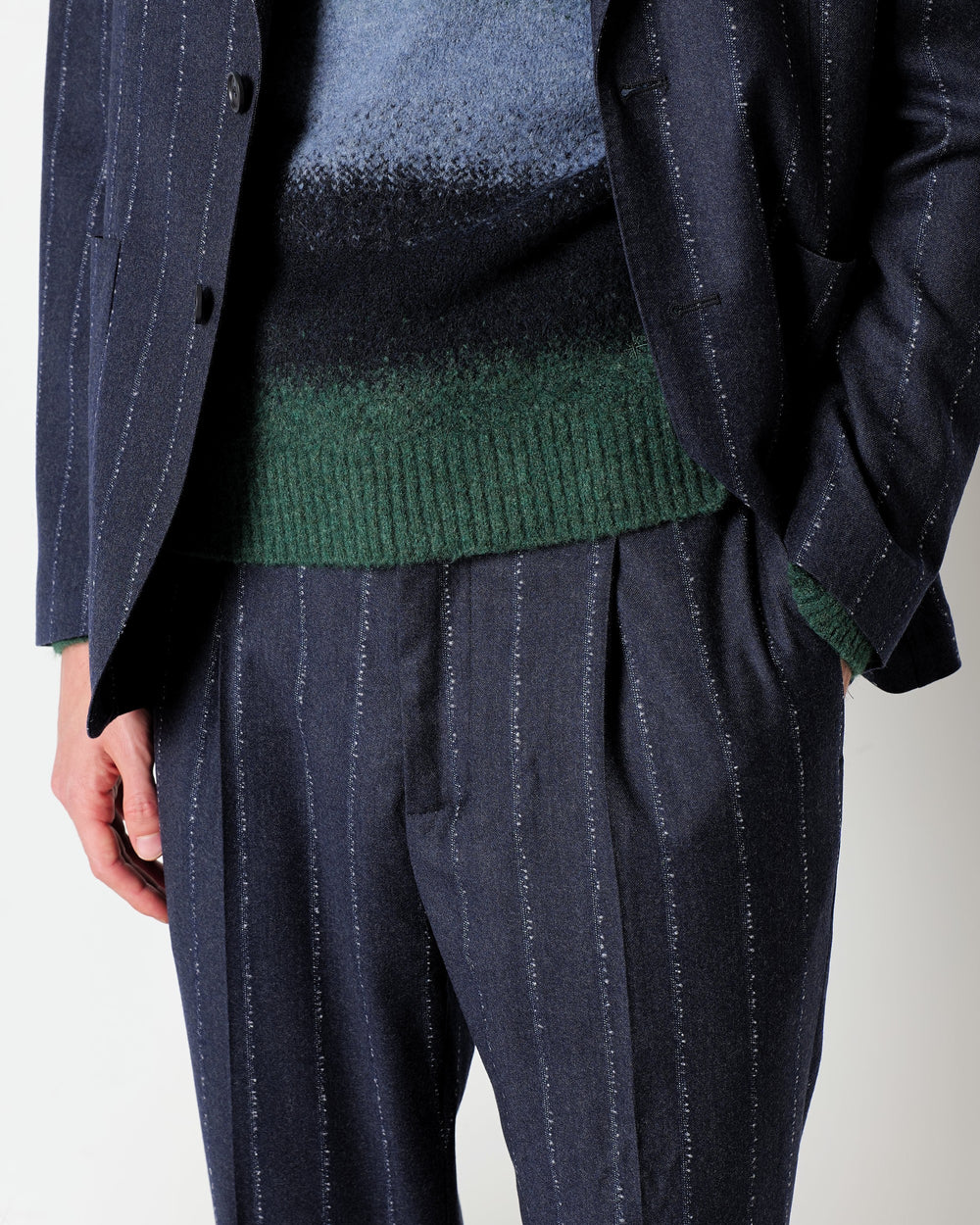 blue slim fit pinstriped flannel suit in pure stretch wool