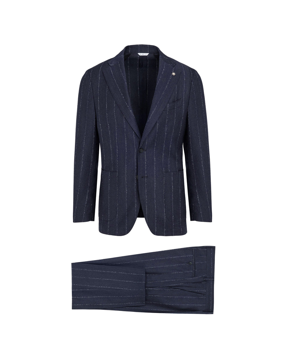 blue slim fit pinstriped flannel suit in pure stretch wool