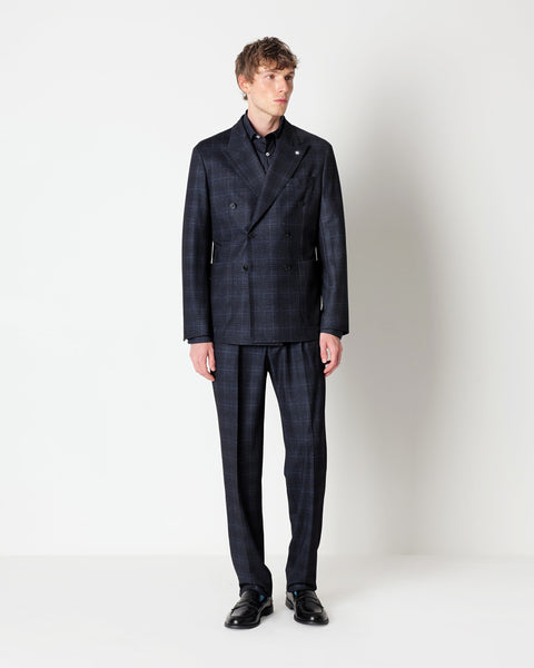 blue double breasted suit in stretch viscose blend jersey
