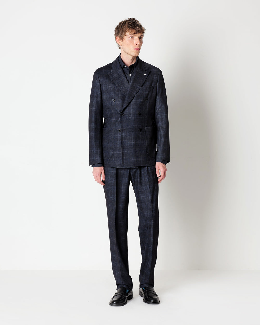 blue double breasted suit in stretch viscose blend jersey