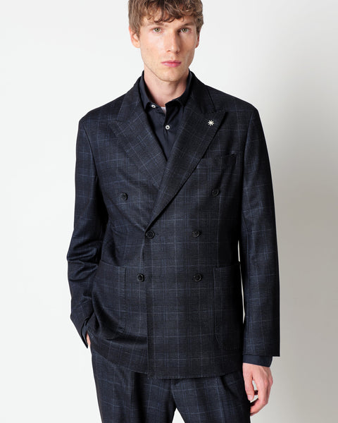blue double breasted suit in stretch viscose blend jersey