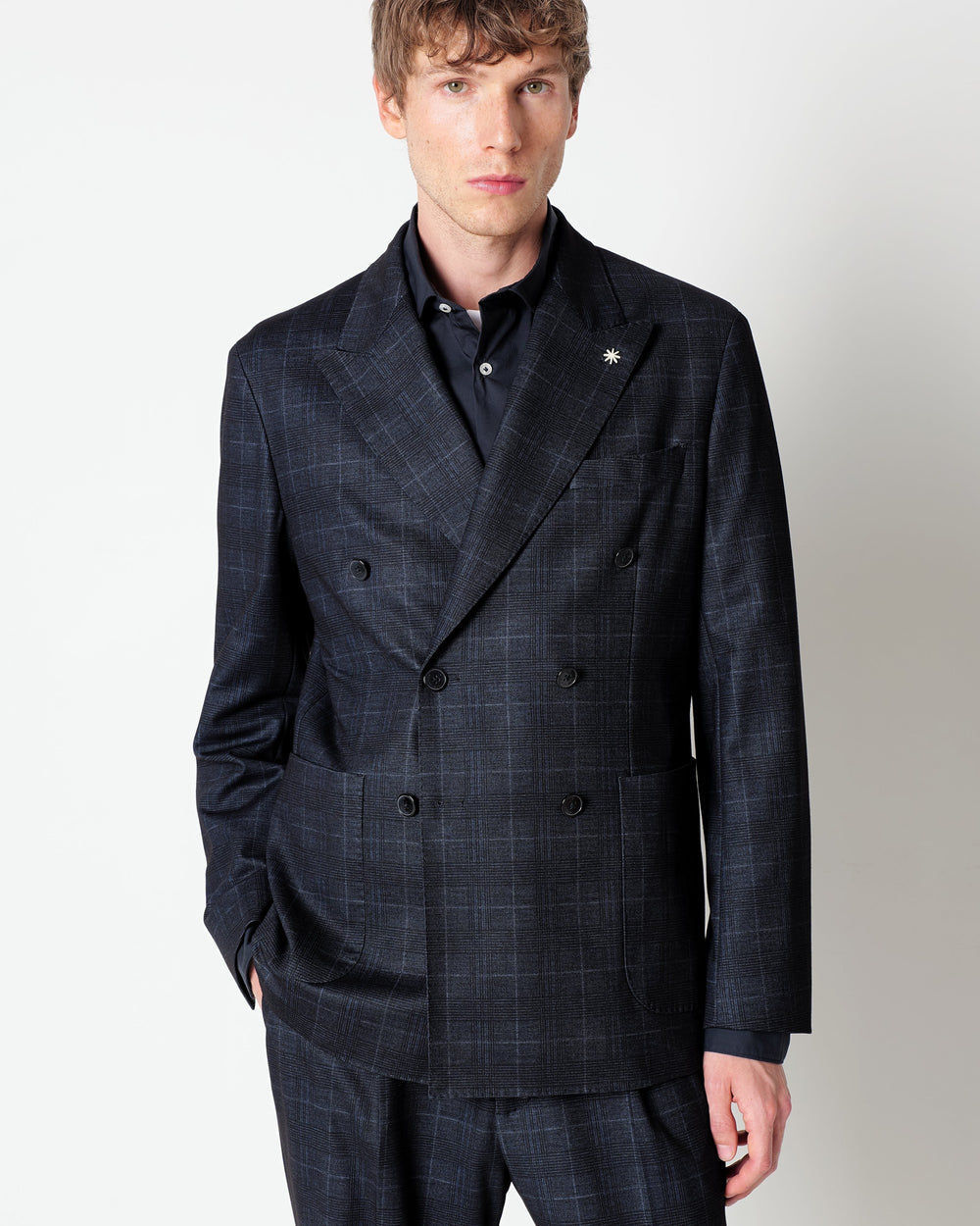 blue double breasted suit in stretch viscose blend jersey