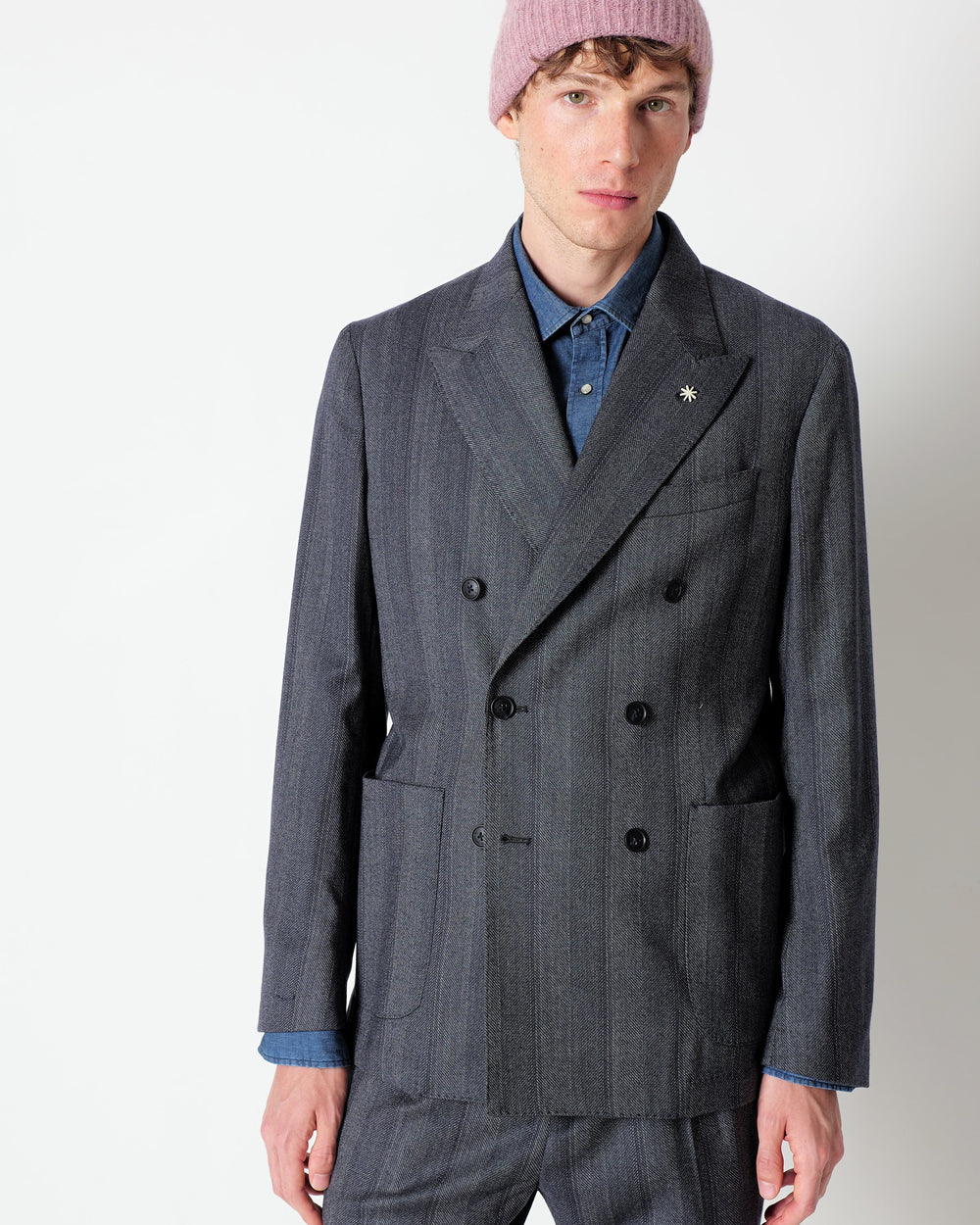 blue double breasted chevron patterned stretch wool flannel suit