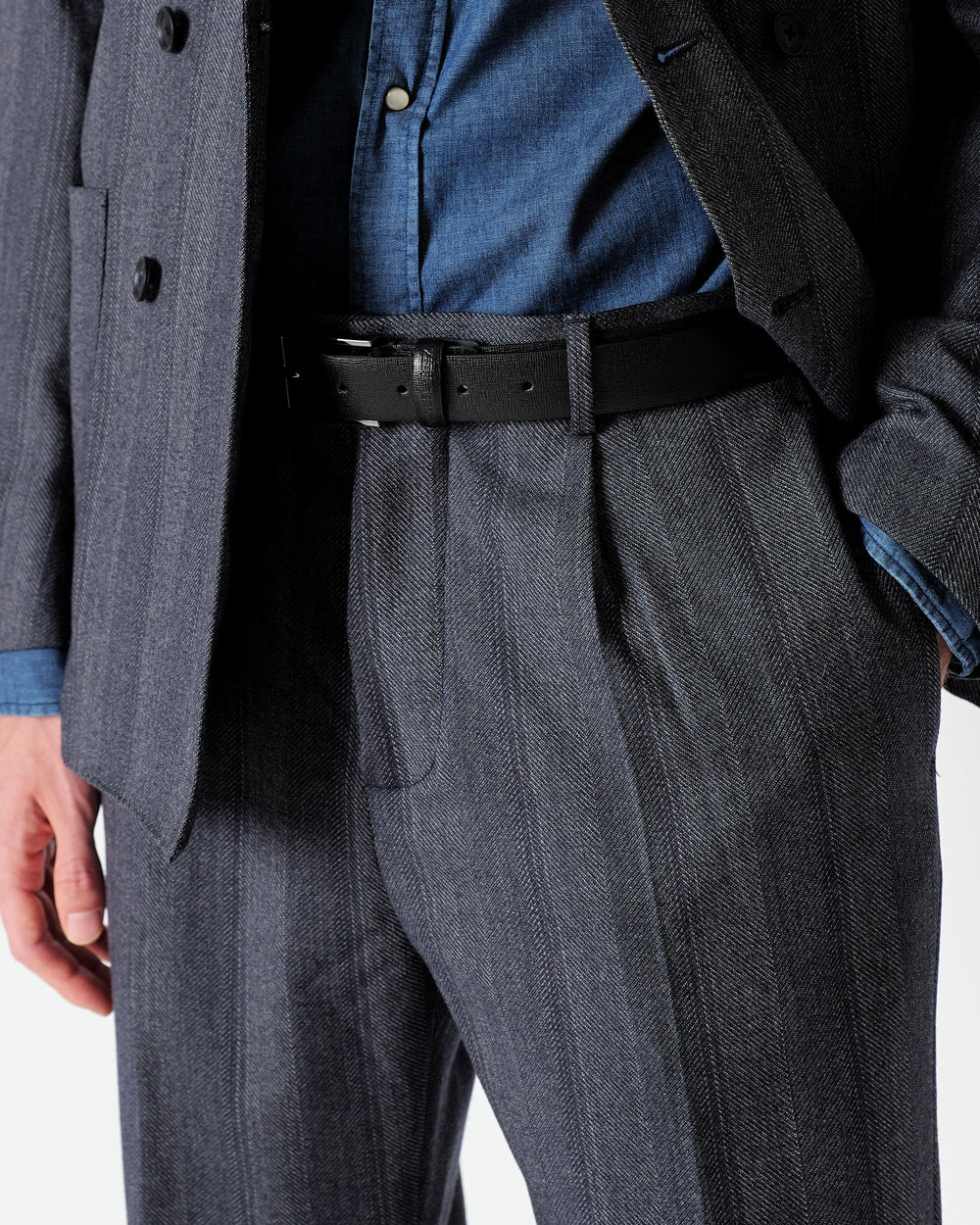 blue double breasted chevron patterned stretch wool flannel suit