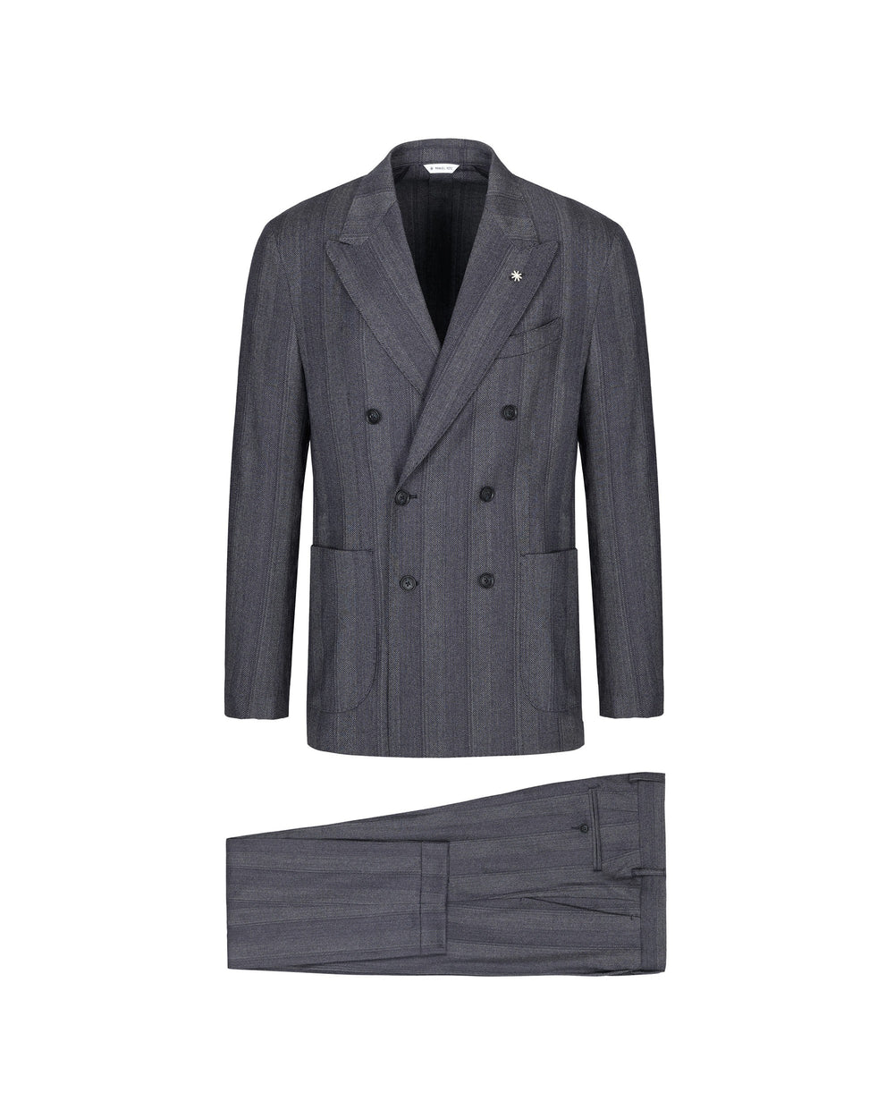 blue double breasted chevron patterned stretch wool flannel suit