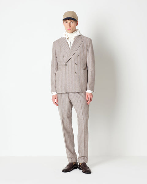 beige double breasted pinstripe suit in a wool blend