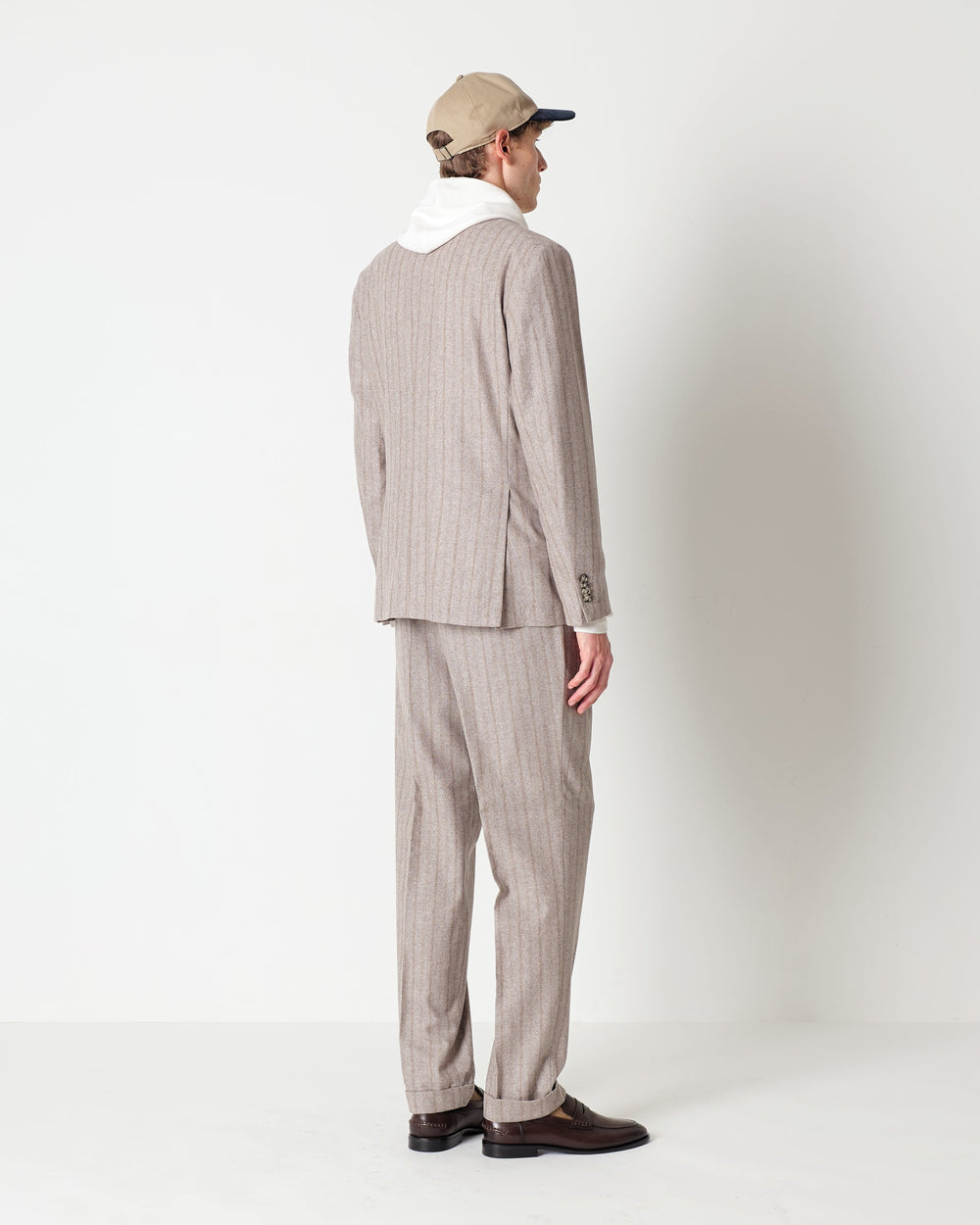 beige double breasted pinstripe suit in a wool blend