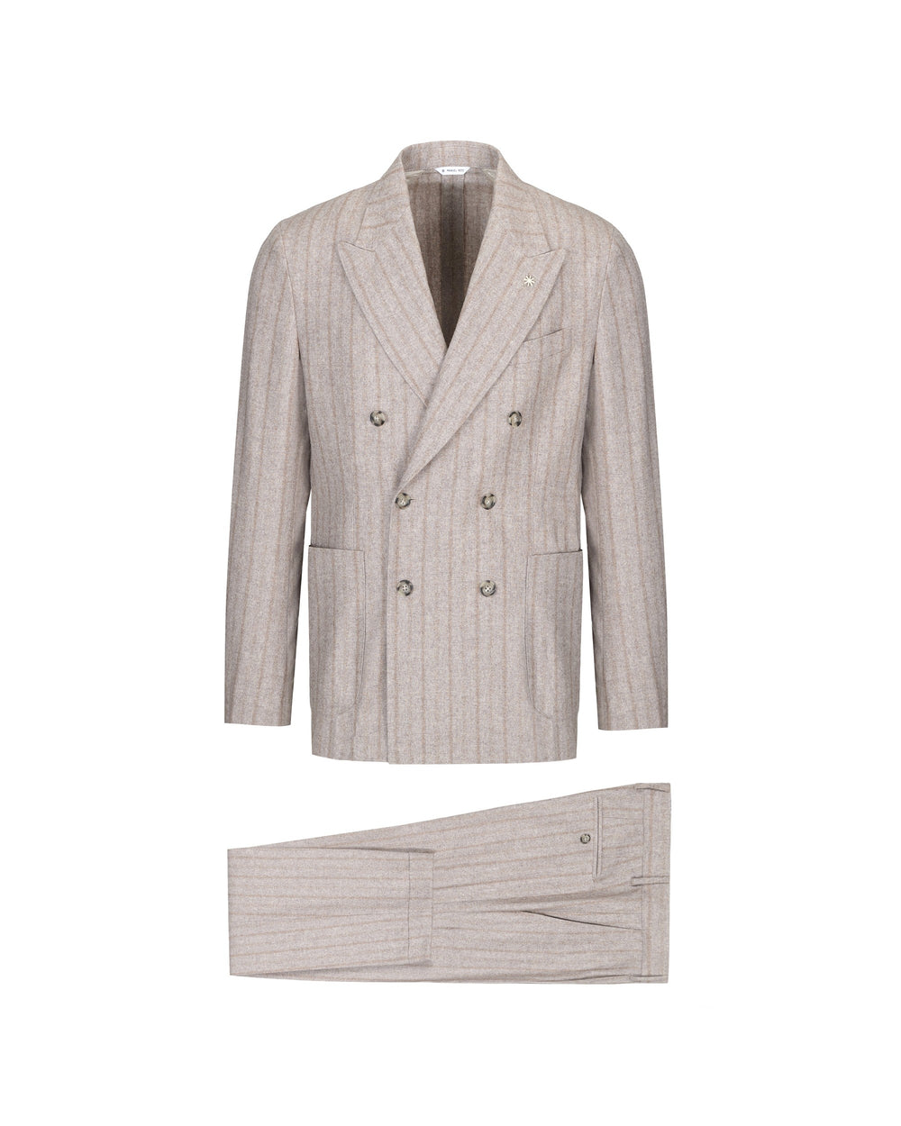 beige double breasted pinstripe suit in a wool blend