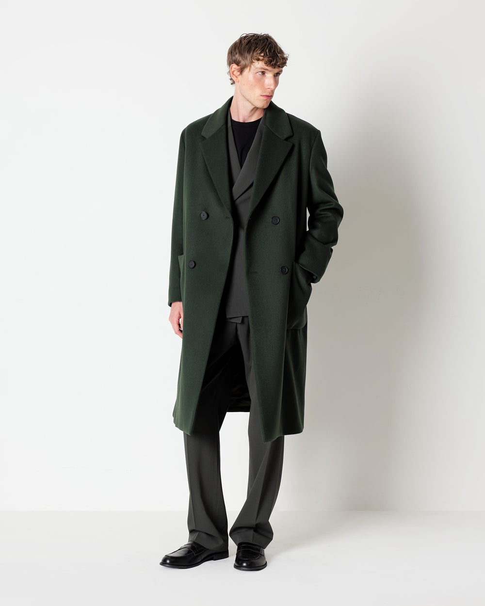 green relaxed fit double breasted coat in a wool blend fabric
