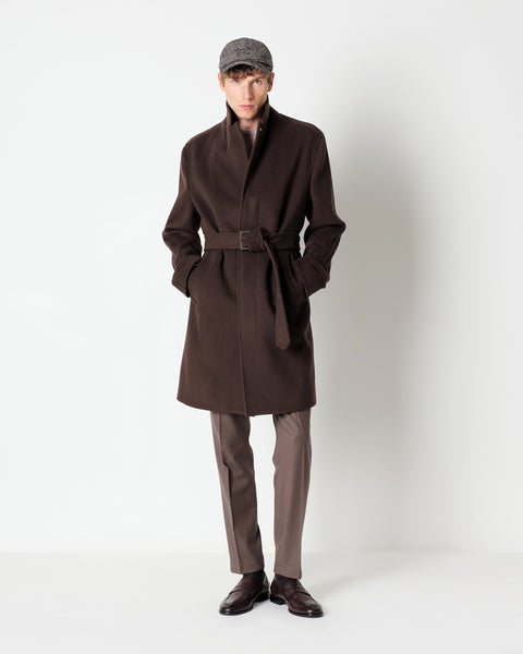 brown wool blend coat with a belt