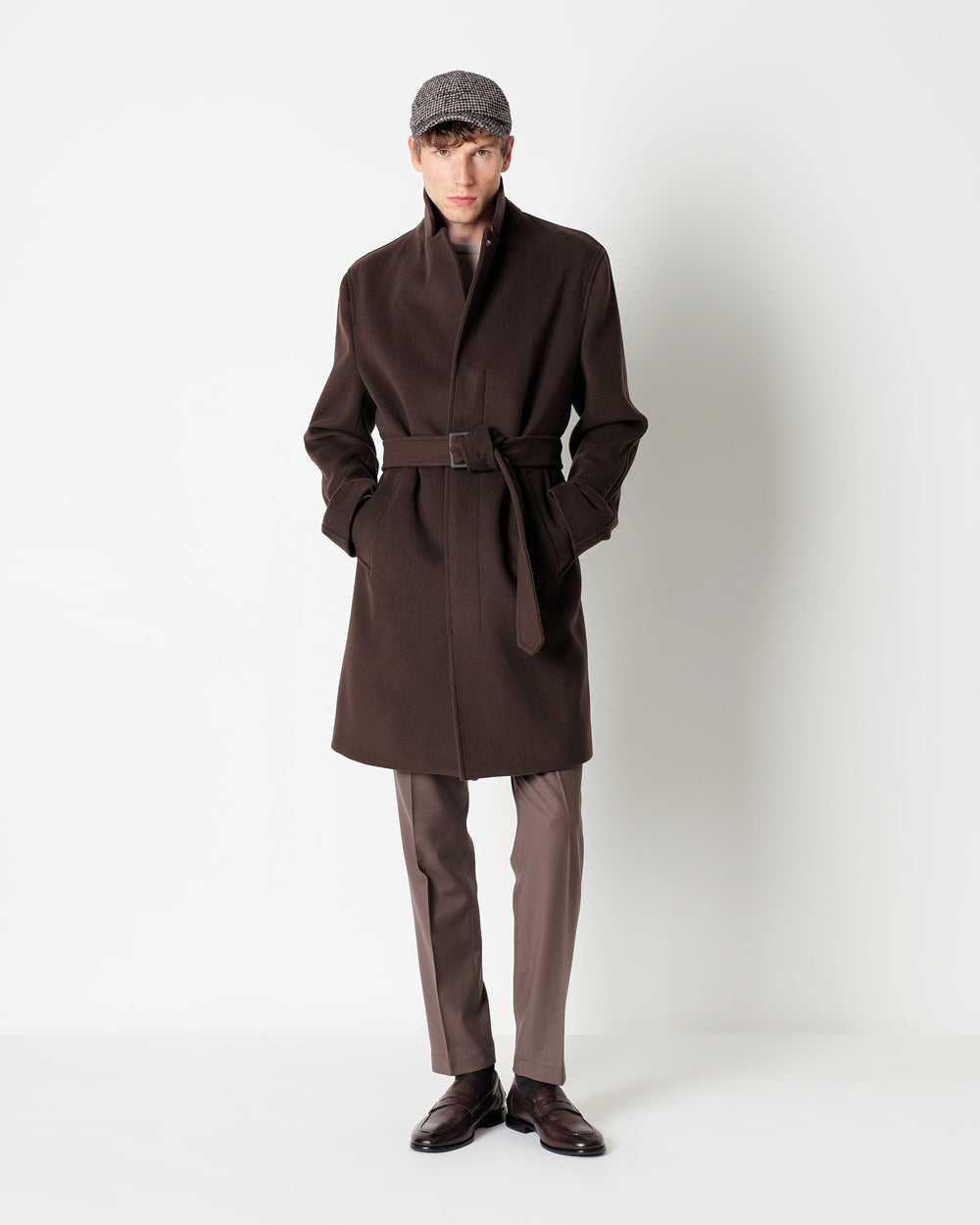 brown wool blend coat with a belt