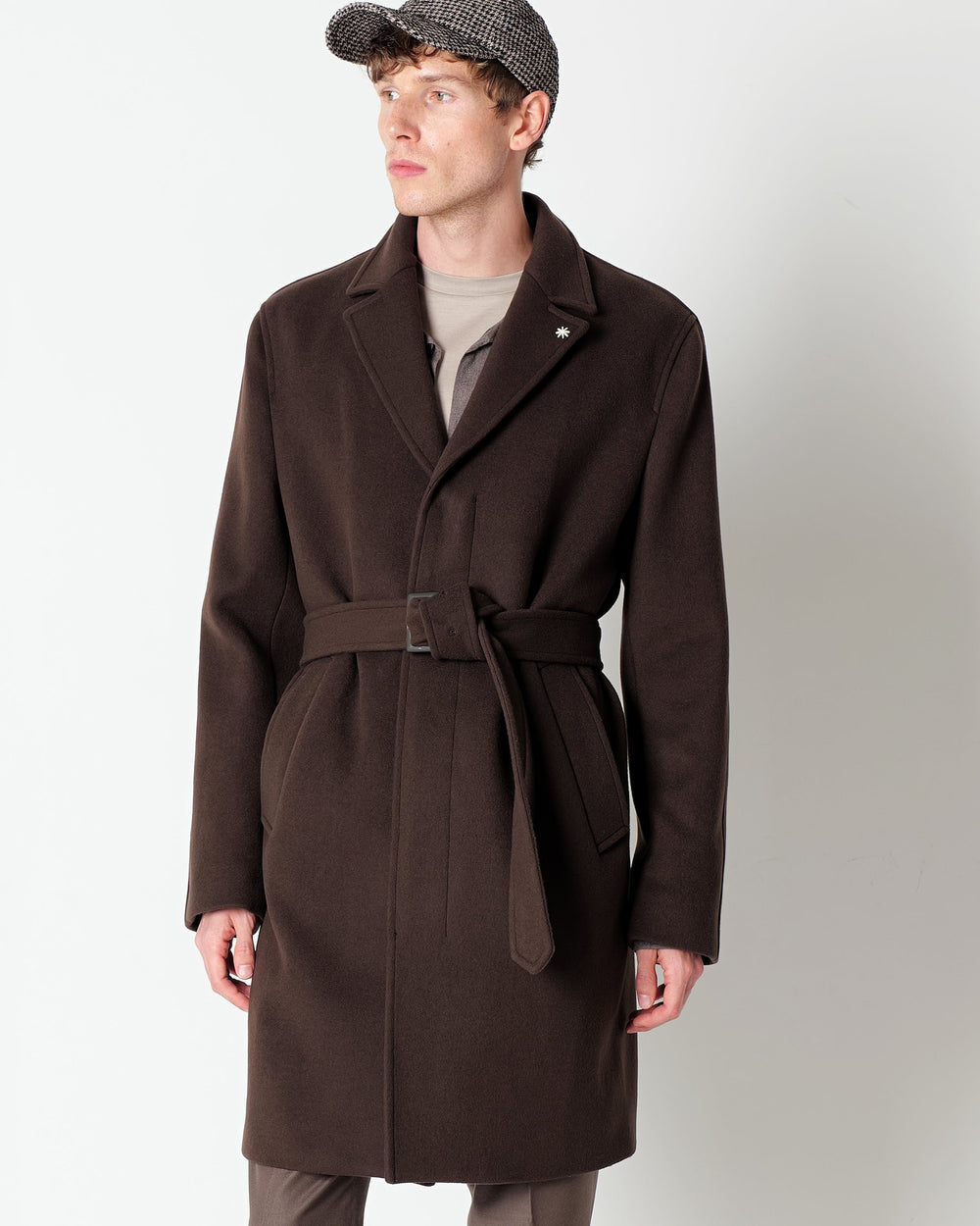 brown wool blend coat with a belt