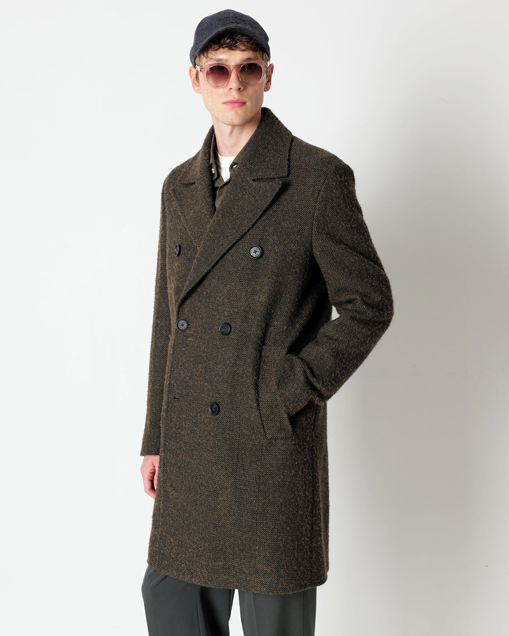 green double breasted chevron coat in a cotton blend boucle`