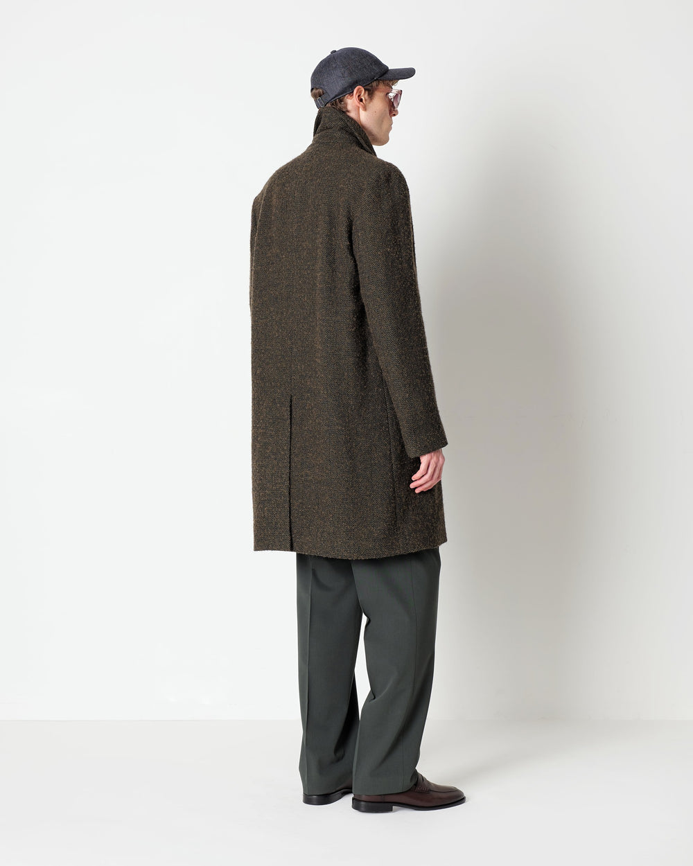 green double breasted chevron coat in a cotton blend boucle`