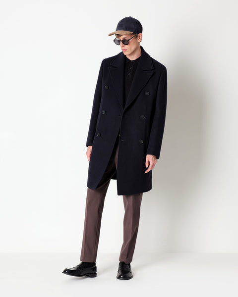 blue double breasted wool blend coat