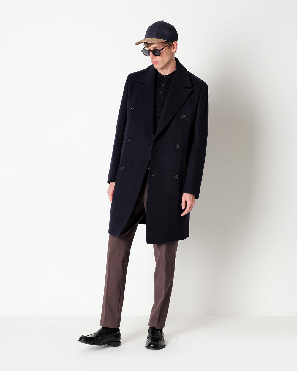 blue double breasted wool blend coat