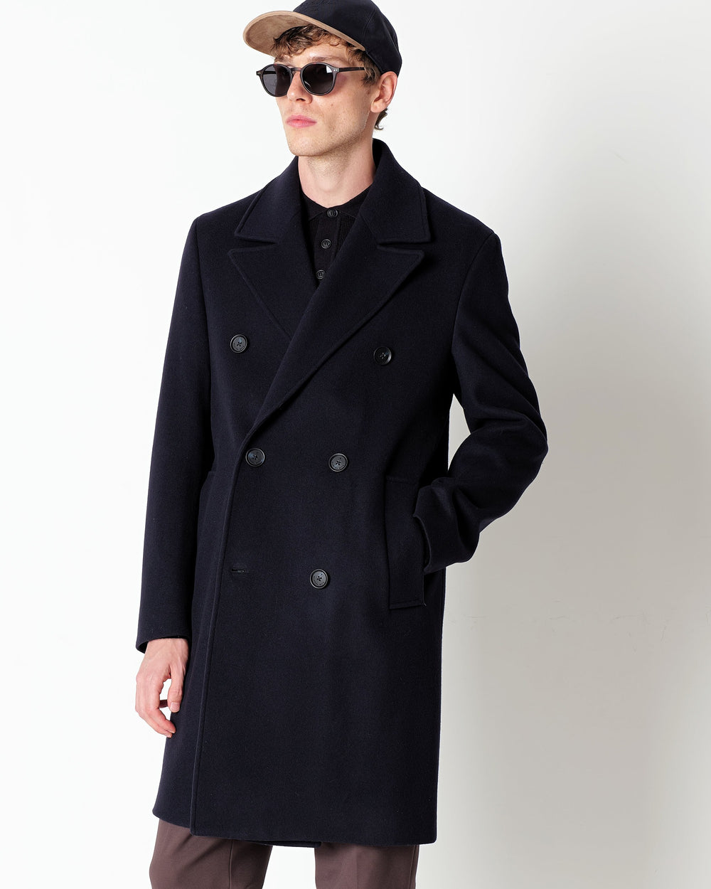 blue double breasted wool blend coat