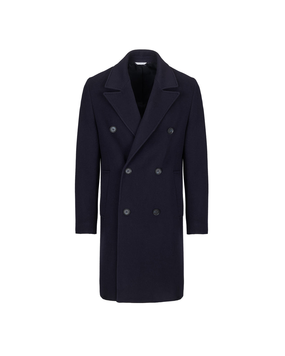 blue double breasted wool blend coat