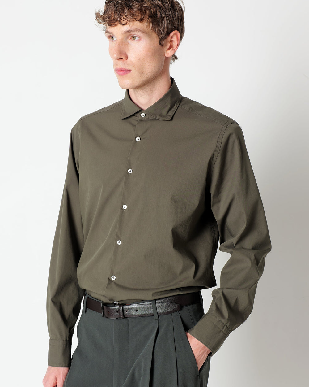 green stretch cotton poplin washed shirt