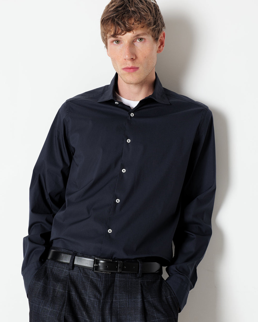 blue stretch cotton poplin washed shirt