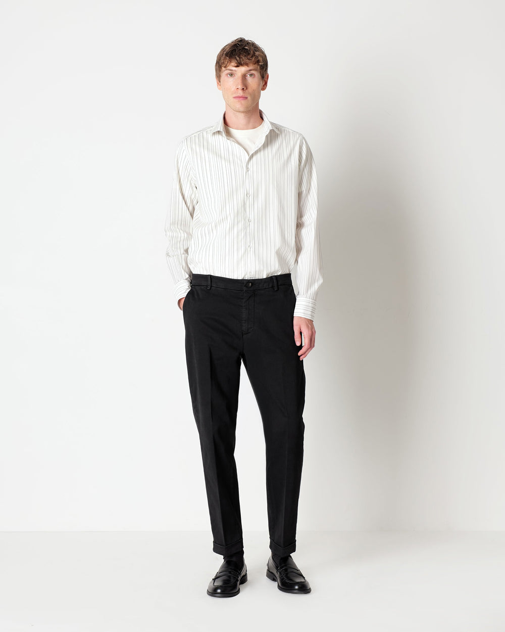 gray washed pinstripe stretch cotton poplin shirt