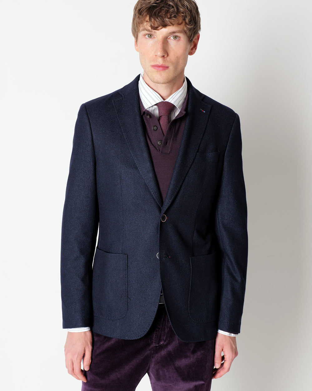blue chevron jersey viscose blend blazer