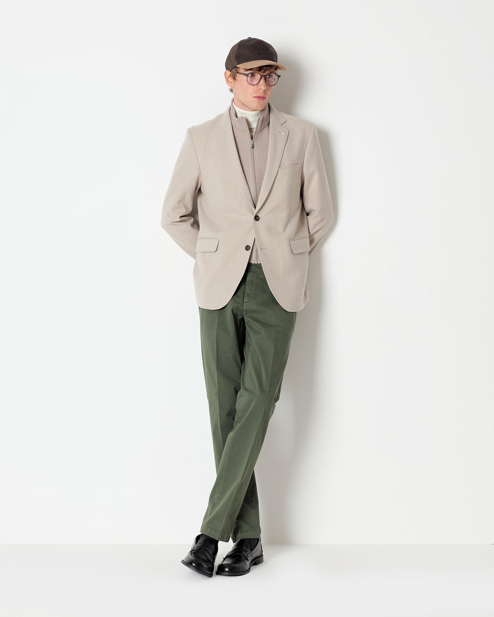 beige stretch wool-blend flannel bib blazer