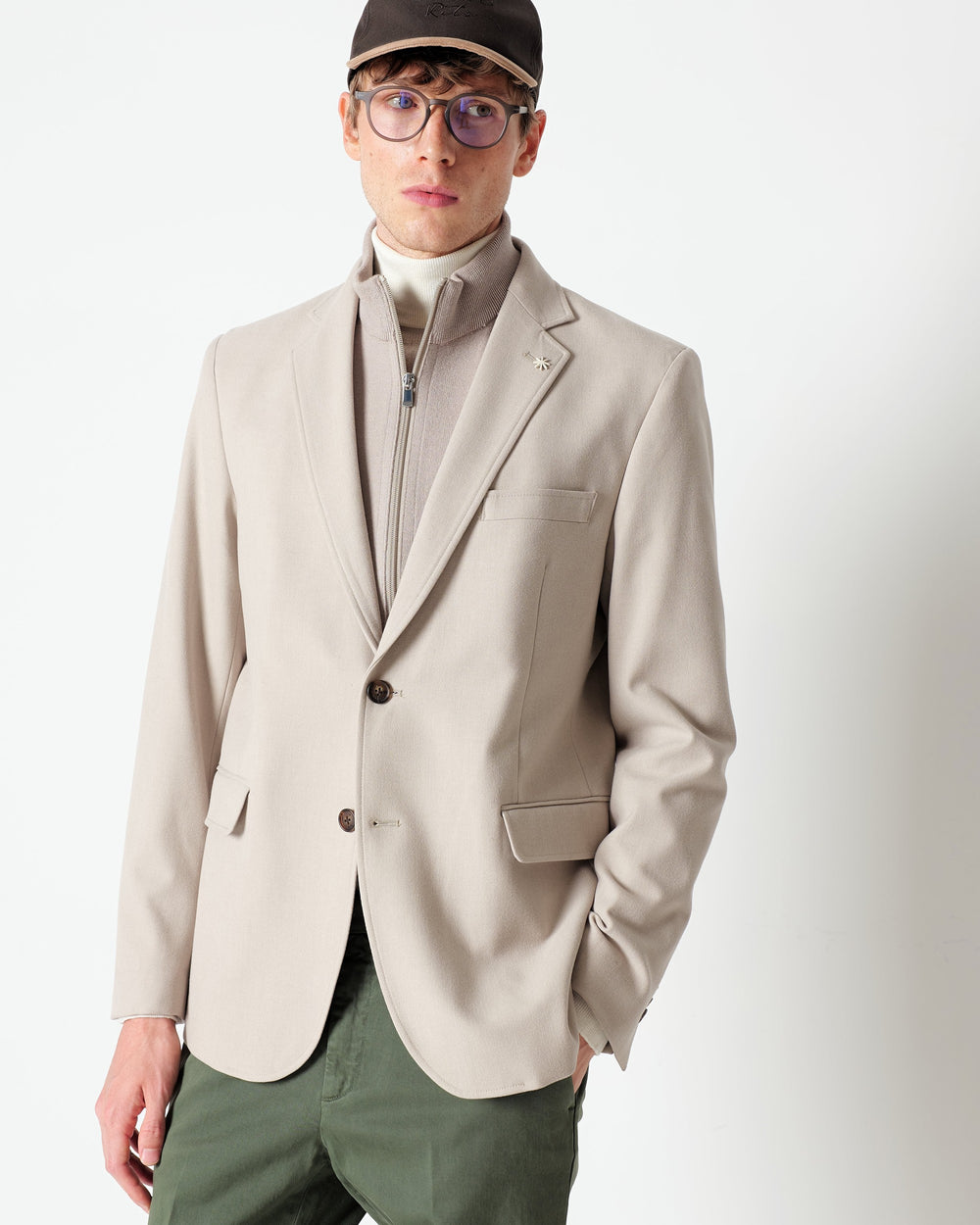 beige stretch wool-blend flannel bib blazer