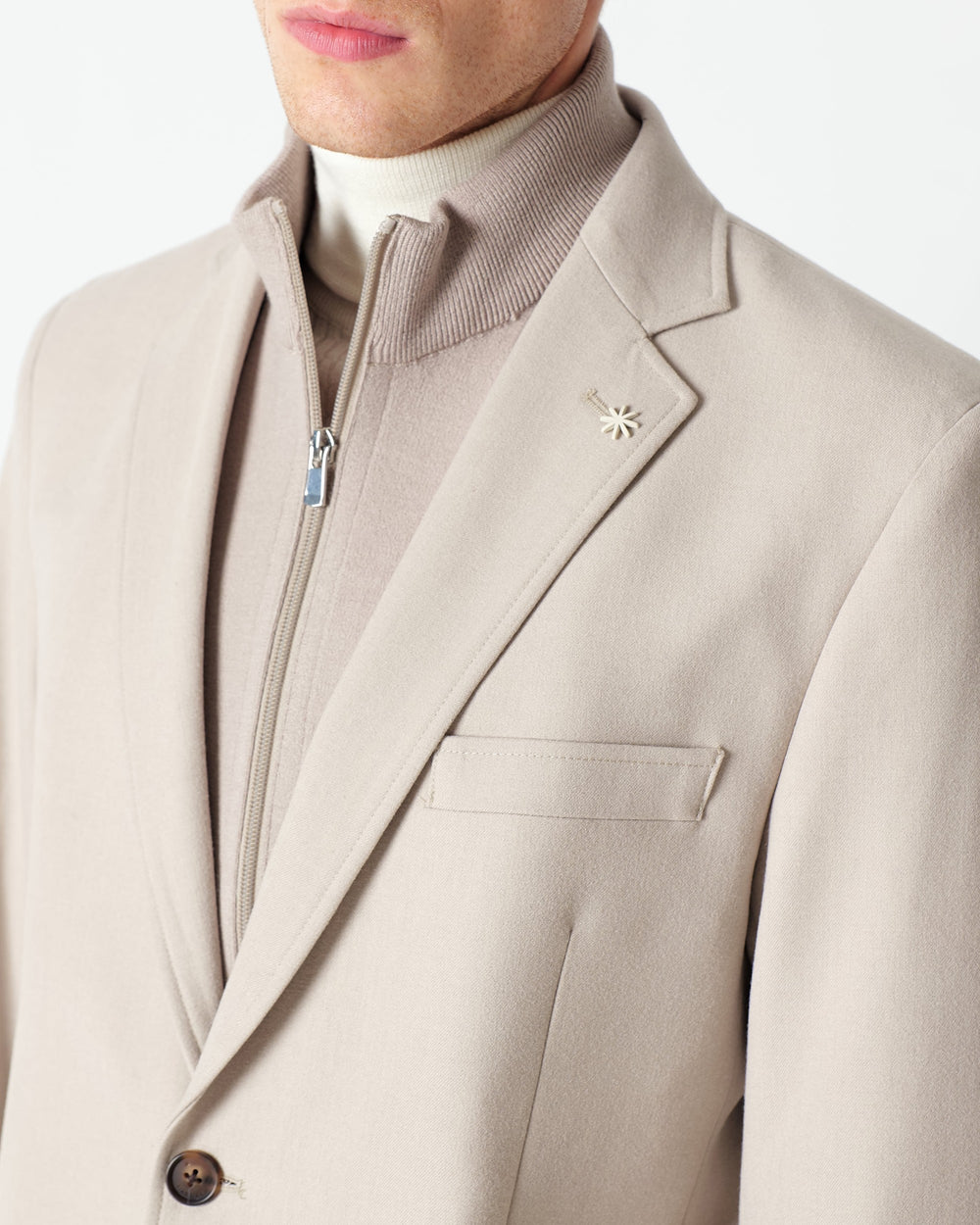 beige stretch wool-blend flannel bib blazer