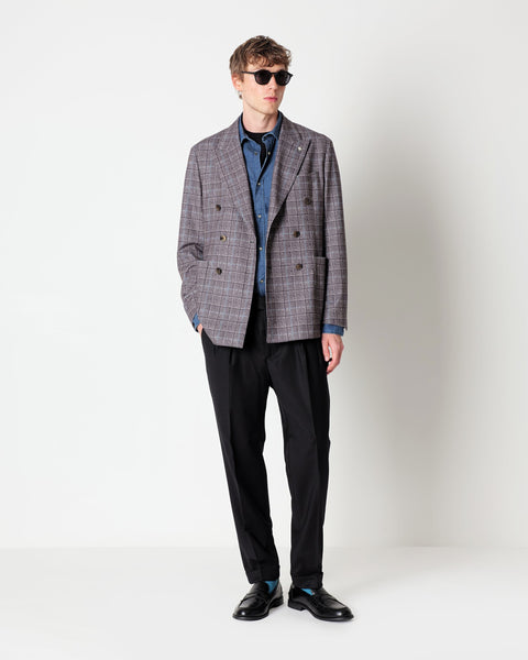 brown welsh jersey double breasted blazer in viscose blend