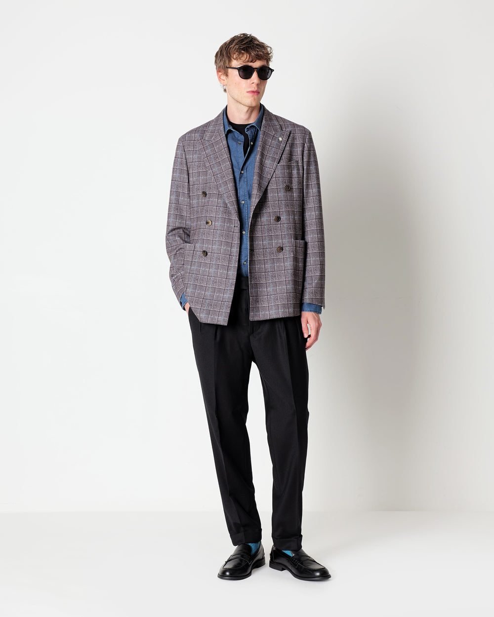 brown welsh jersey double breasted blazer in viscose blend