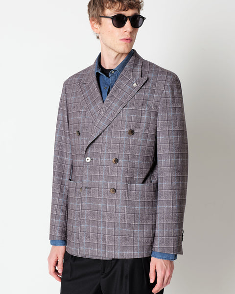 brown welsh jersey double breasted blazer in viscose blend