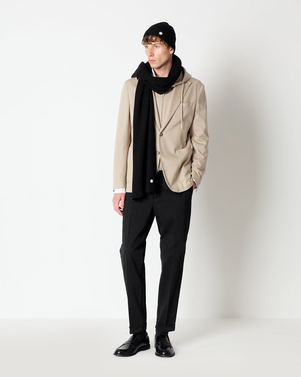 beige cotton blend jersey hooded blazer