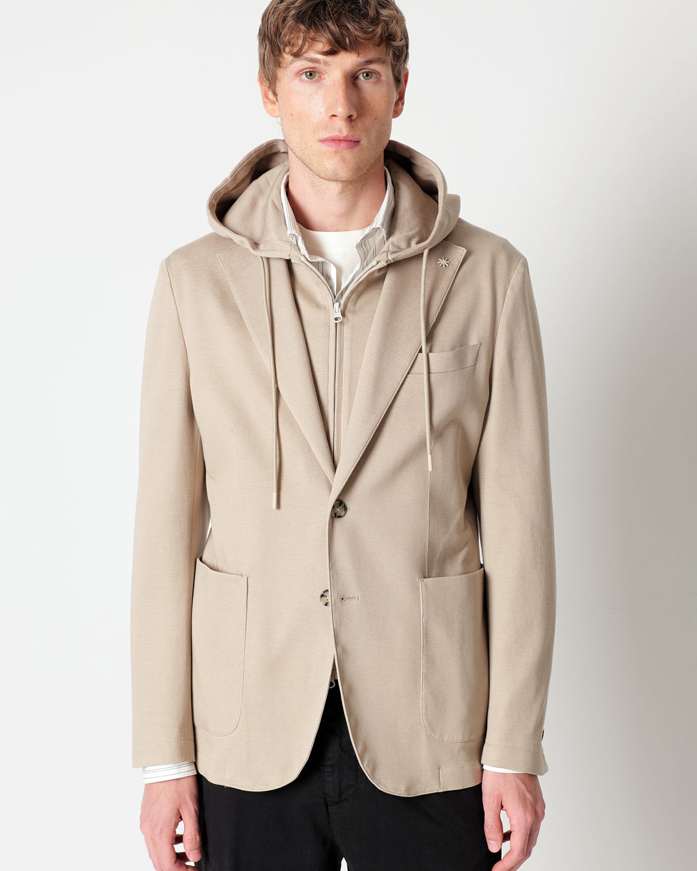 beige cotton blend jersey hooded blazer