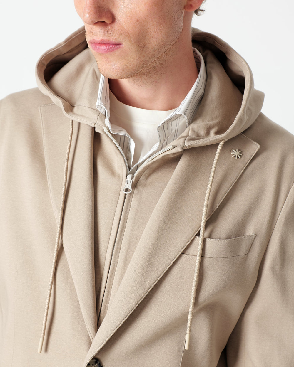 beige cotton blend jersey hooded blazer