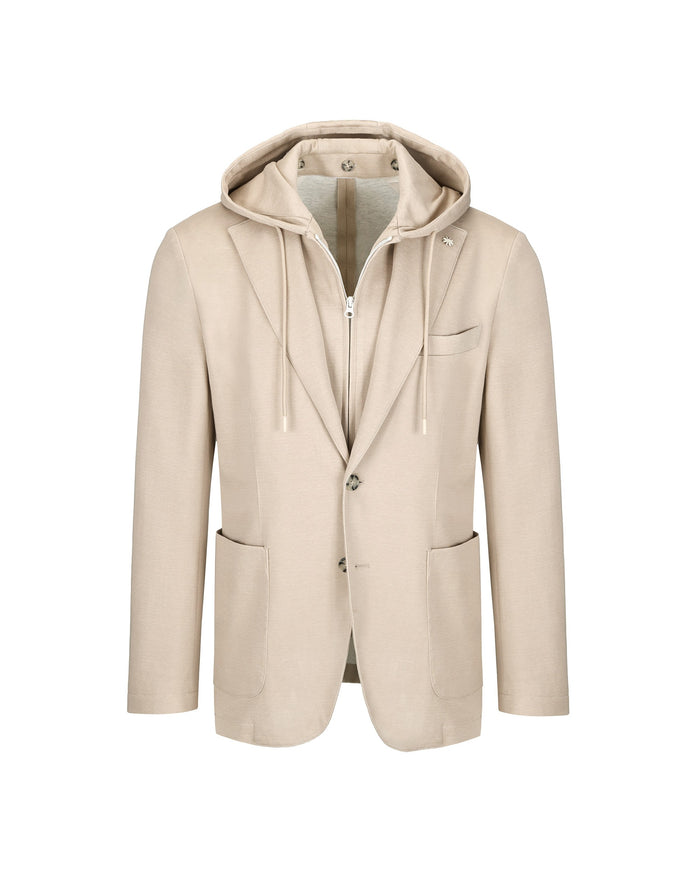 beige cotton blend jersey hooded blazer