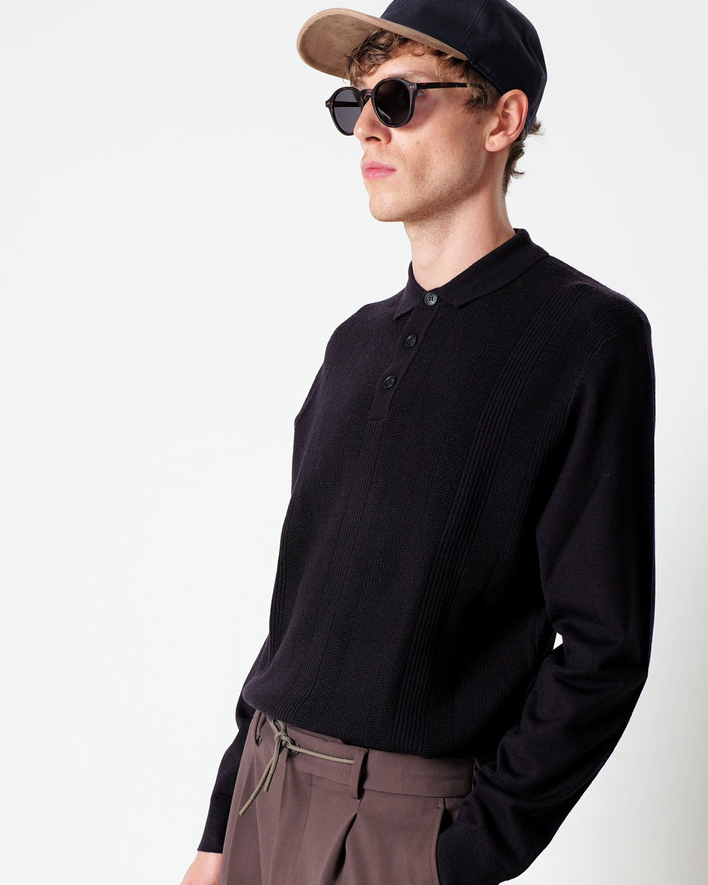blue long sleeved polo shirt in a regimental pattern wool blend