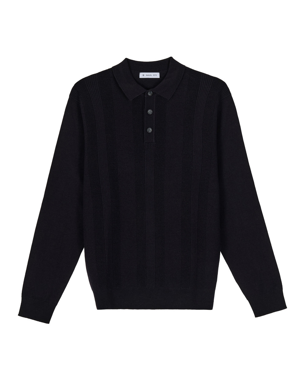 blue long sleeved polo shirt in a regimental pattern wool blend