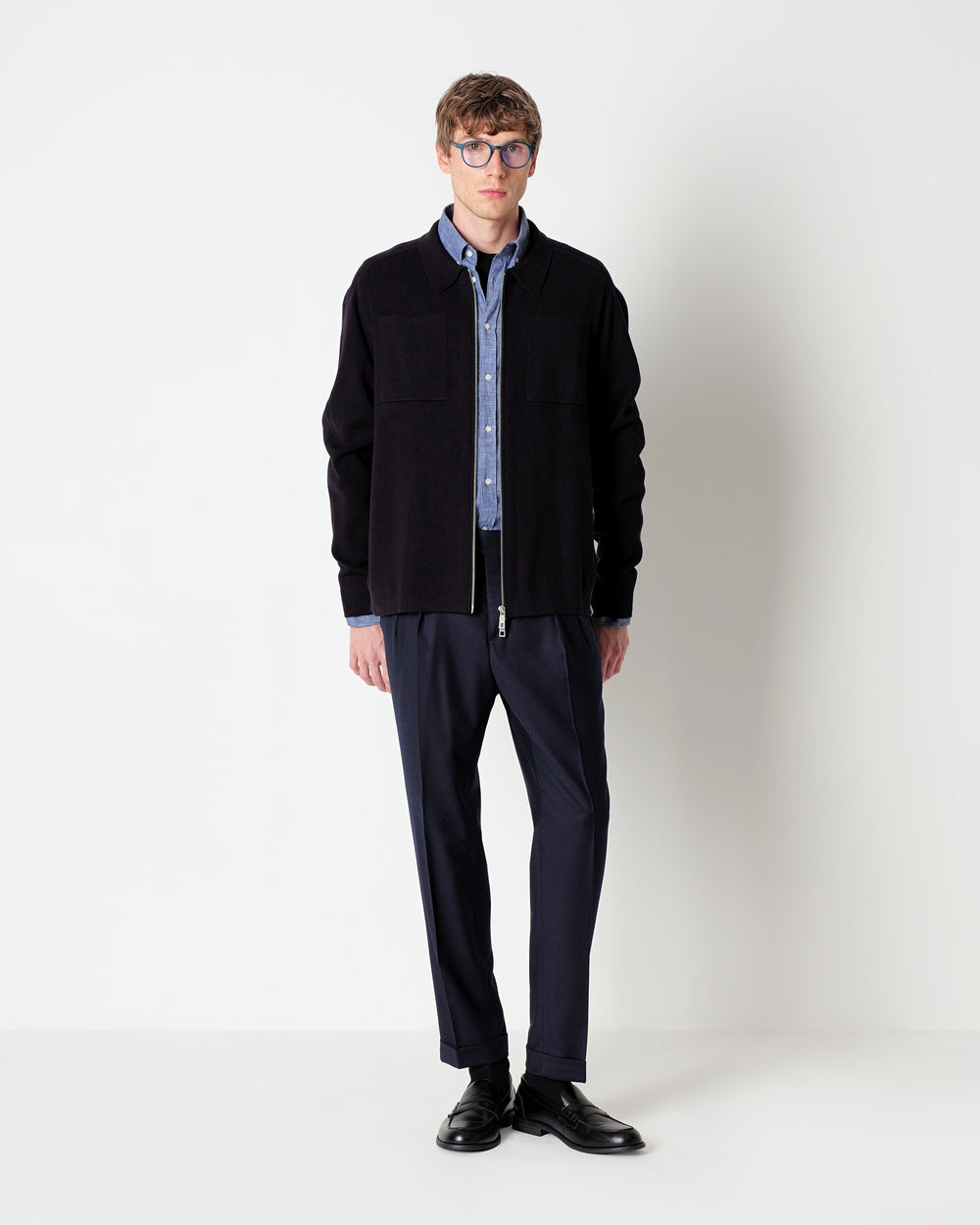 blue wool blend knitted overshirt