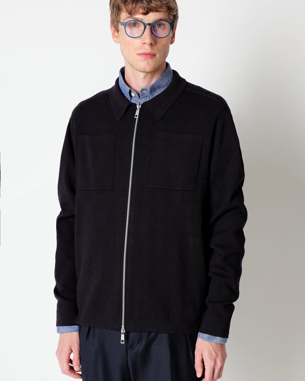 blue wool blend knitted overshirt